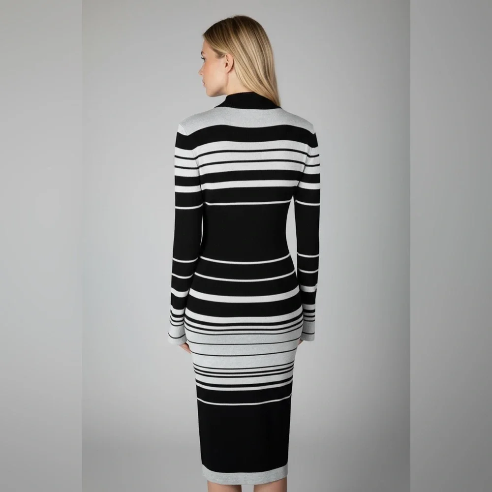 Love Always by FCT Black & Gray Striped Mock-Neck Sweater Midi Dress – Size XL - Picture 3 of 17